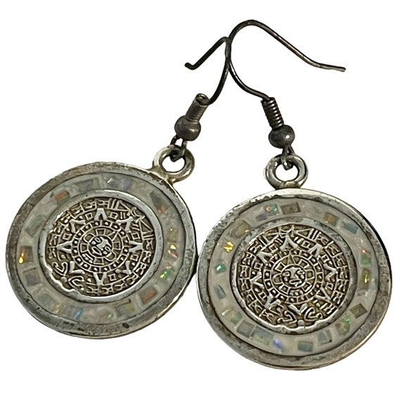 Vintage Sterling Silver & Opal Inlay Aztec Sun Calendar Earrings Made in Mexico - Picture 2 of 11